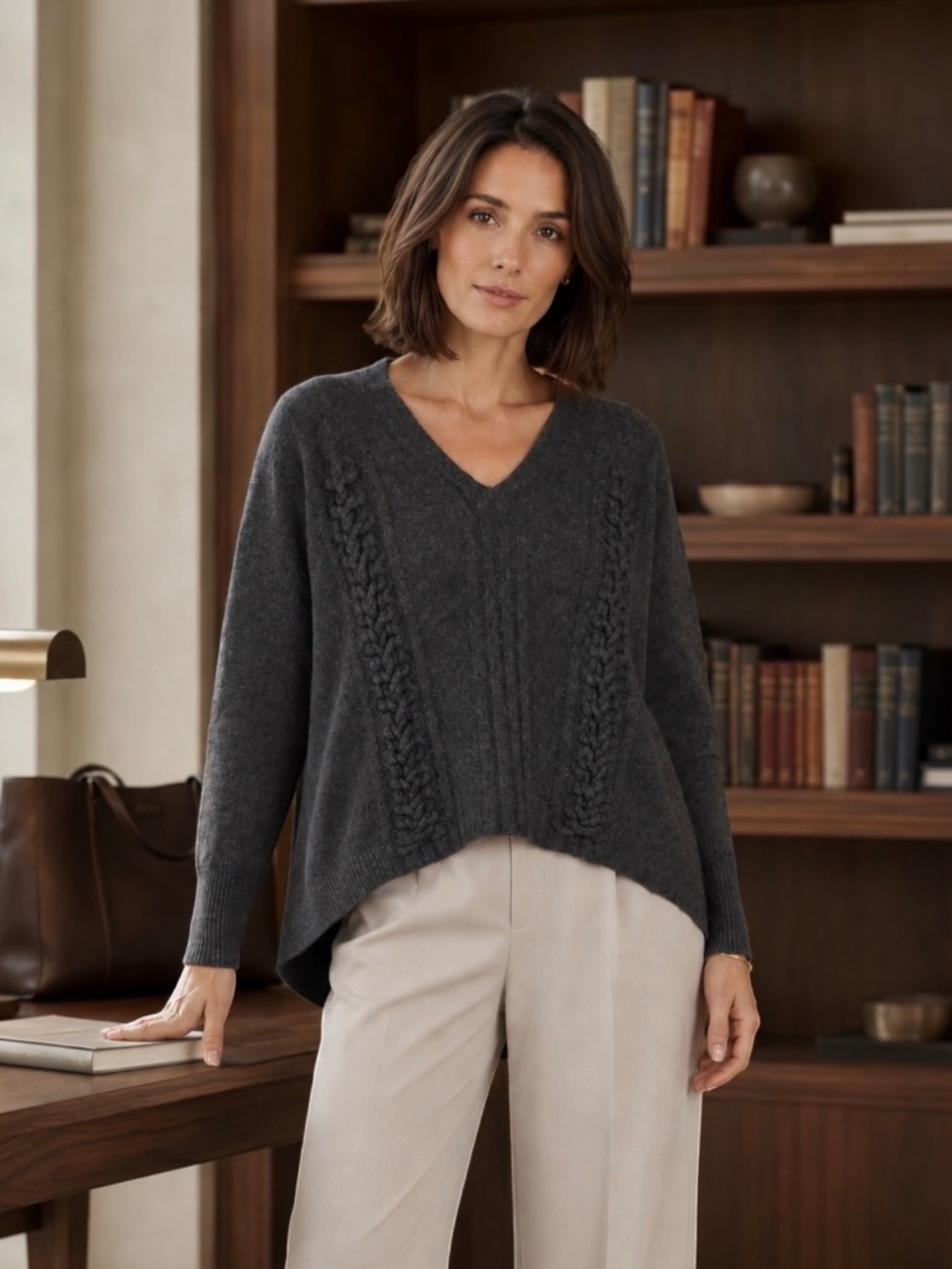 Lafayette 148 100% Cashmere Braided Cable Knit Sweater Gray V-Neck High Low Hem